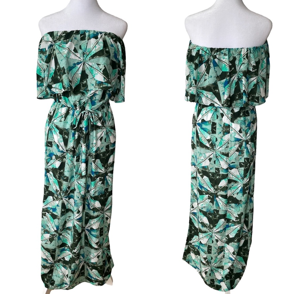 Vintage Mossimo Blue Green Watercolor Print Strapless Tie Waist Maxi Dress Small